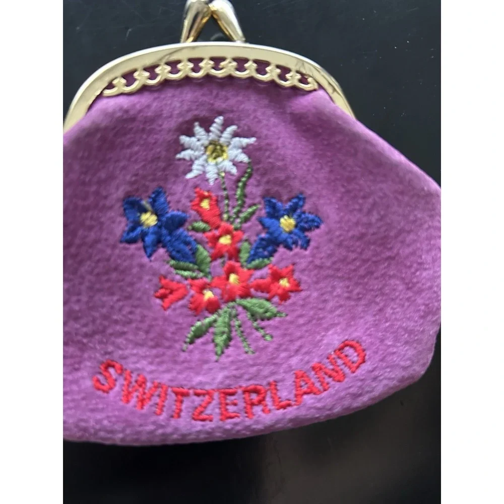 Coin Purse Purple Leather Kiss Close Small Switzerland Floral Print Embroidered
